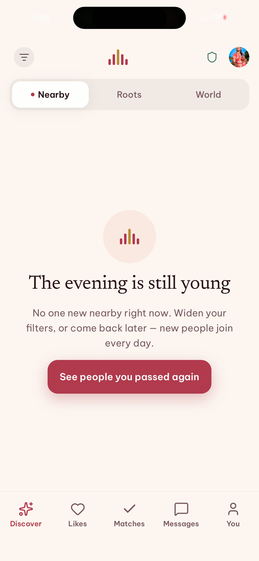 Discover screen with Nearby, Roots and World tabs