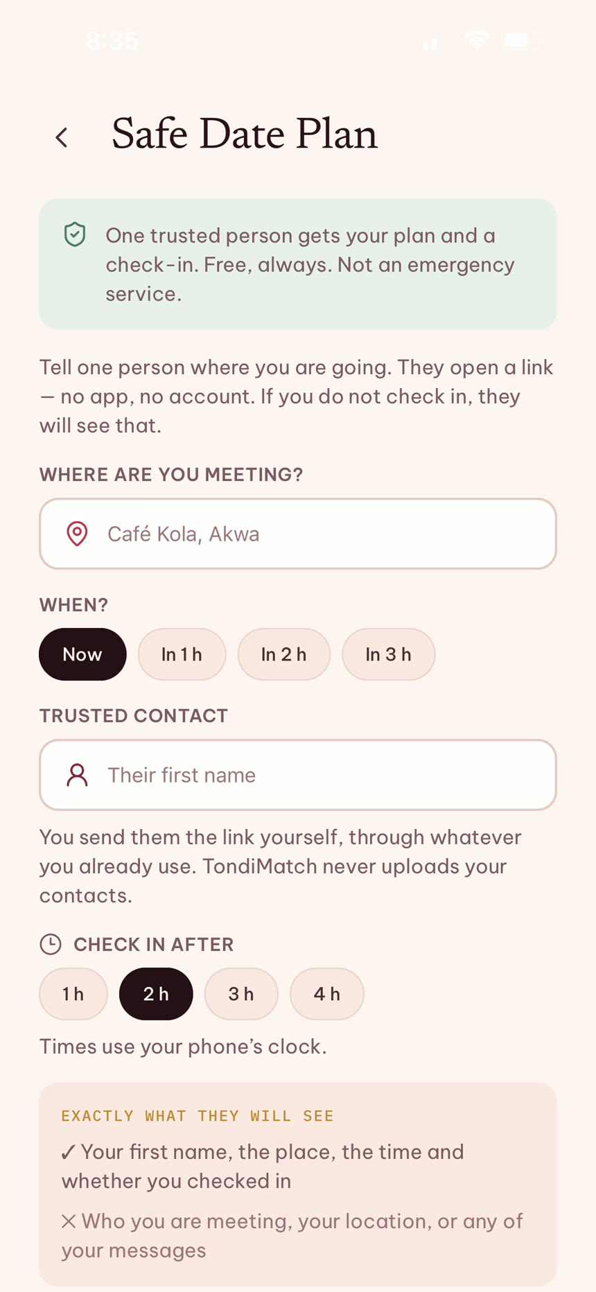 Safe Date Plan screen: one trusted person gets your plan and a check-in