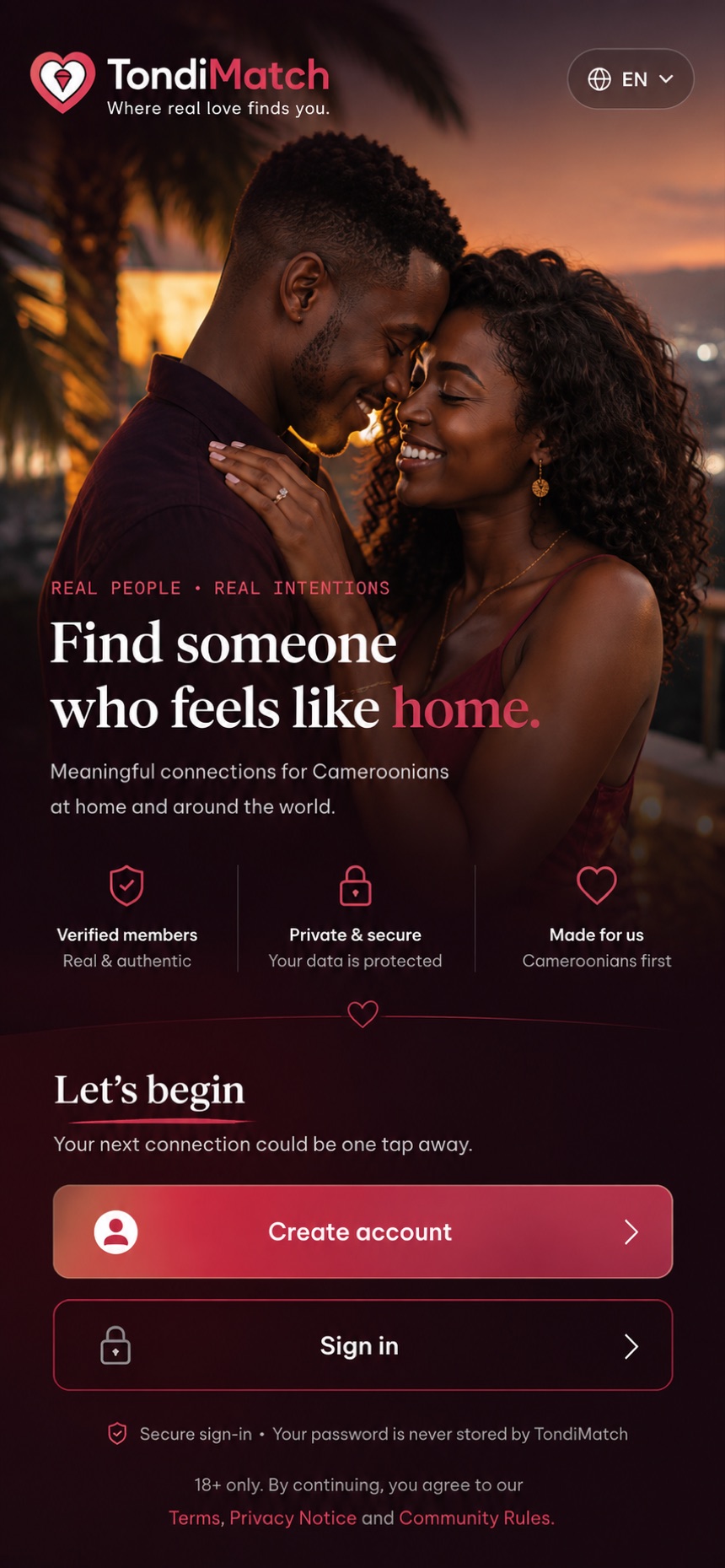 TondiMatch welcome and sign-in screen: find someone who feels like home