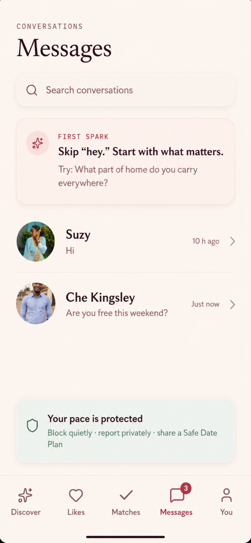 Messages screen with conversations and a First Spark prompt