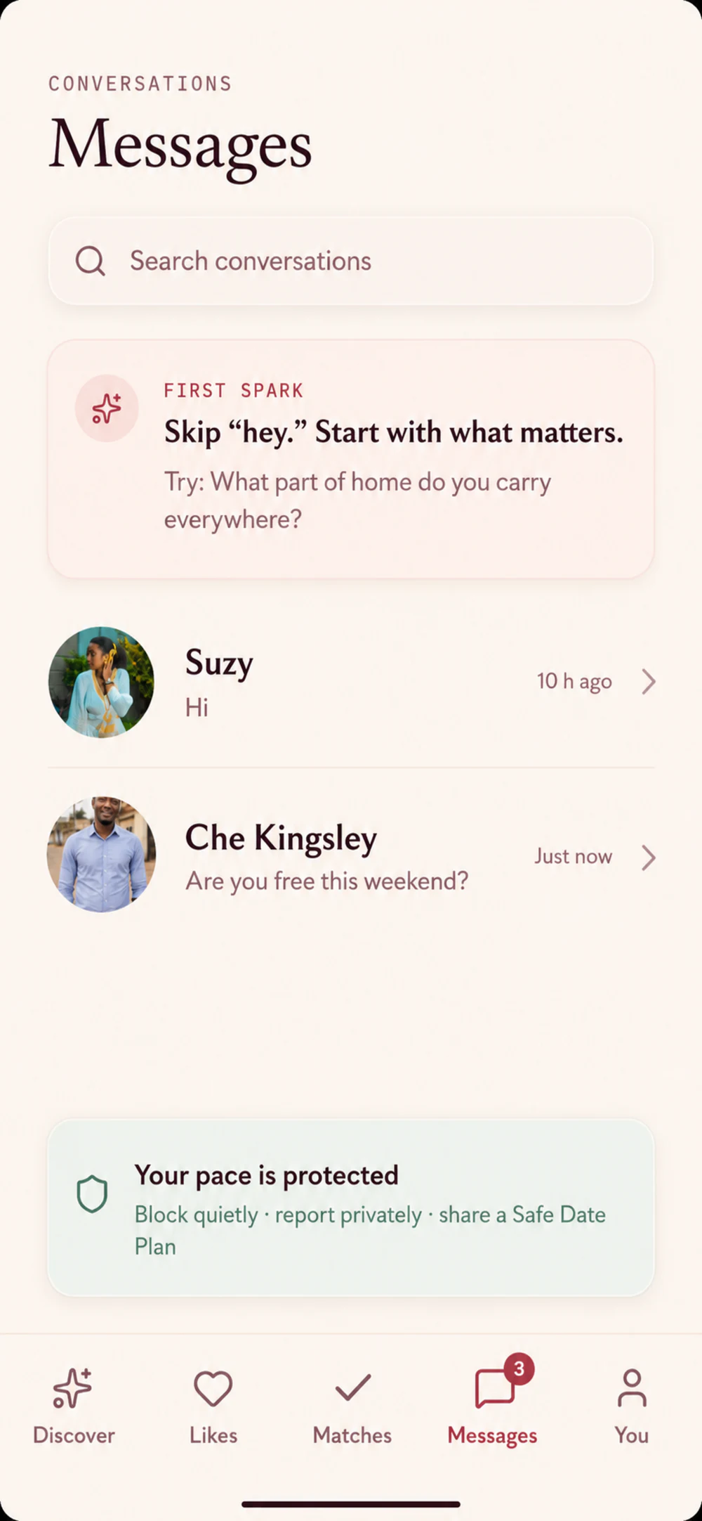 Messages screen with conversations and a First Spark prompt