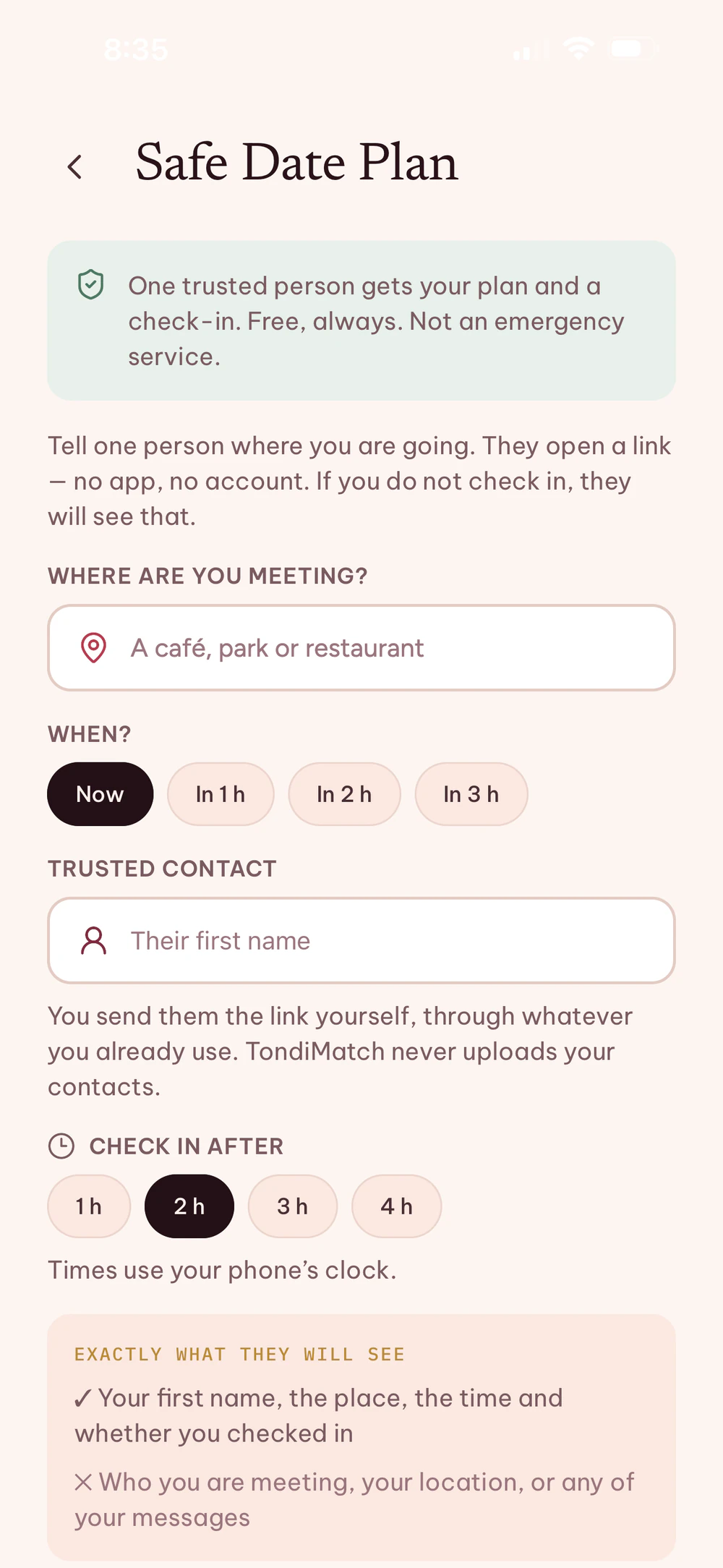 Safe Date Plan screen: choose where you are meeting, when, a trusted contact, and when to check in