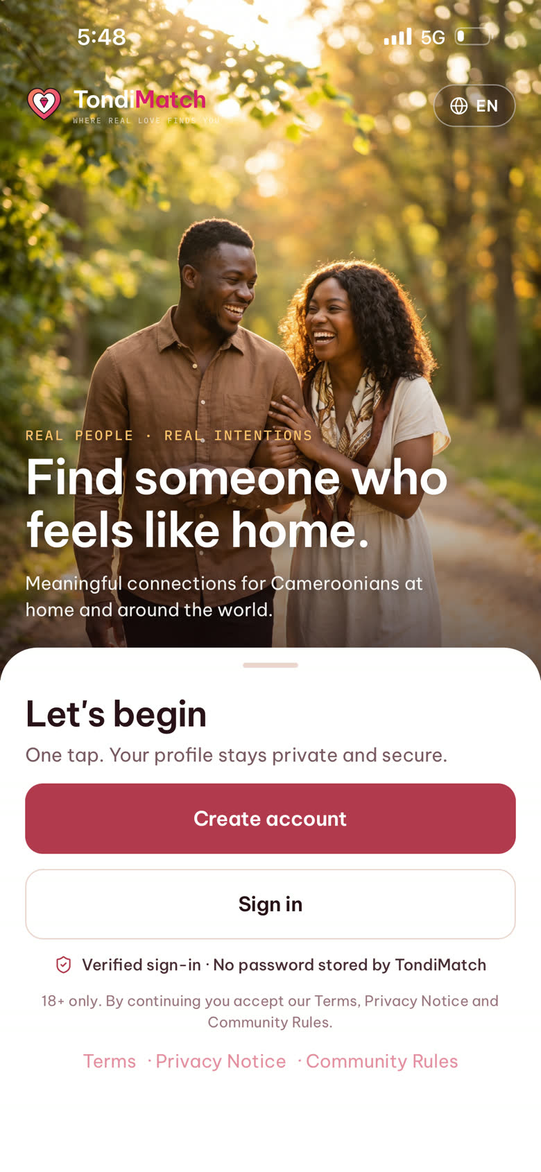 TondiMatch welcome screen: find someone who feels like home