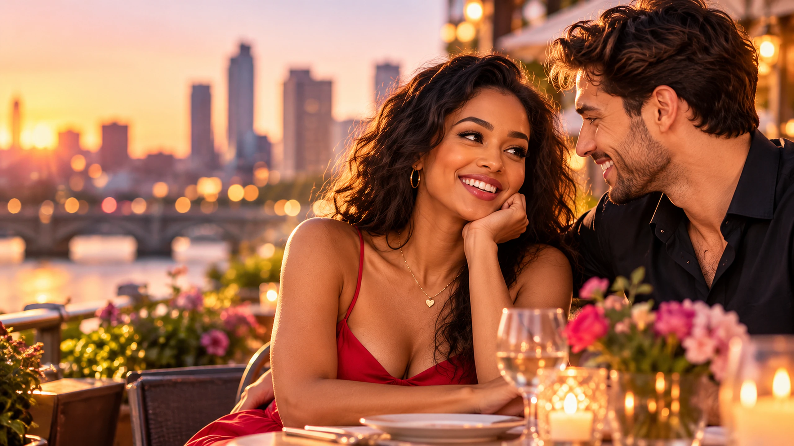 A couple laughing together at a candlelit table by the river at sunset
